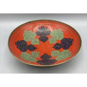 Vtg Brass‎ Bowl Enameled Intricate Red Floral Design 6" Decor